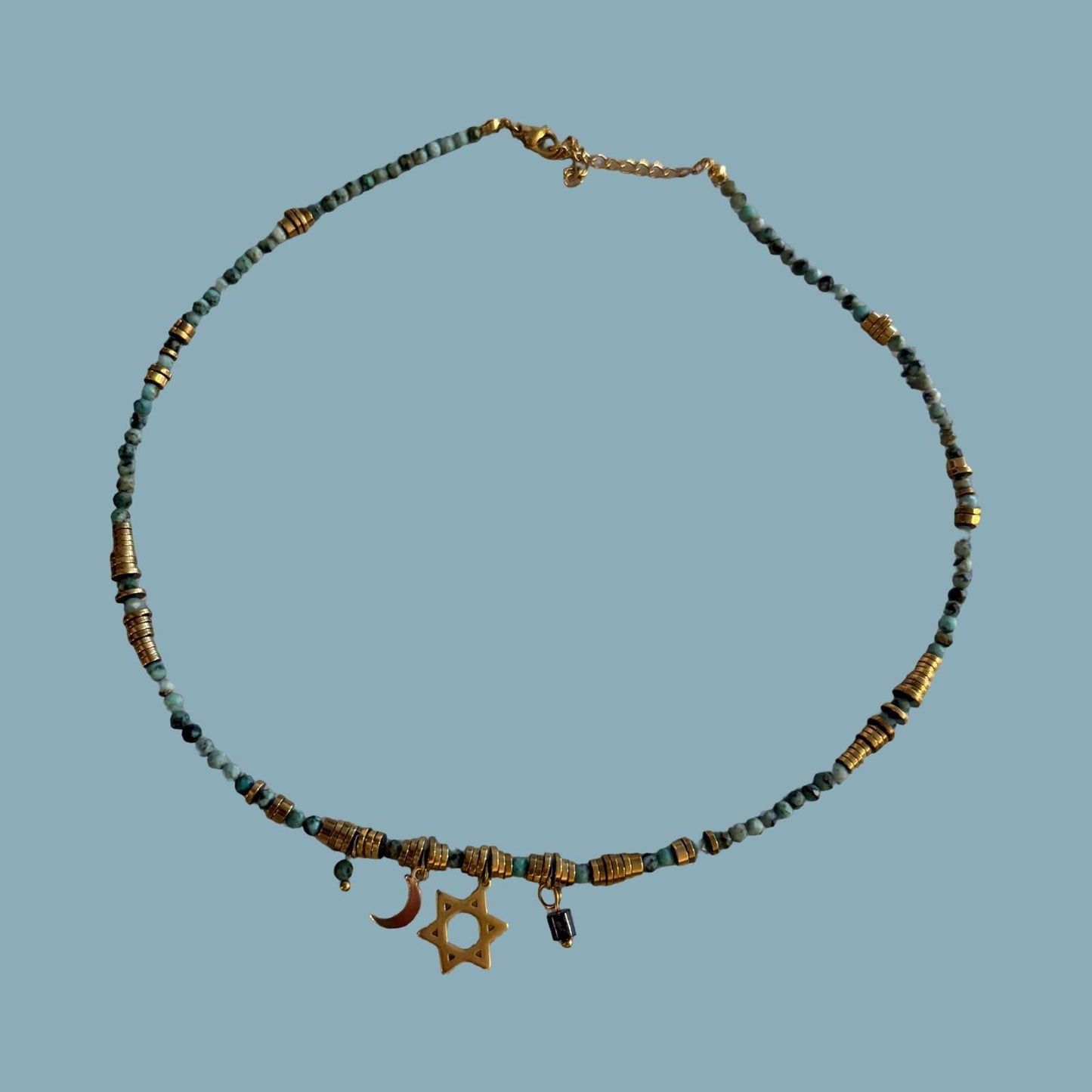 Beaded Celestial Star of David Necklace – Moon & Stars Judaica Jewelry, Dainty Jewish Necklace, Faith Meets Cosmos, Elegant Jewish Gift