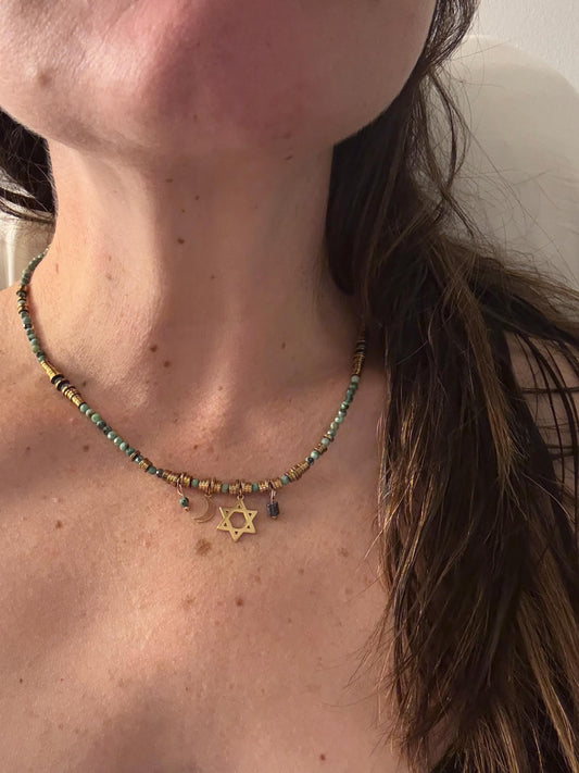 Beaded Celestial Star of David Necklace – Moon & Stars Judaica Jewelry, Dainty Jewish Necklace, Faith Meets Cosmos, Elegant Jewish Gift