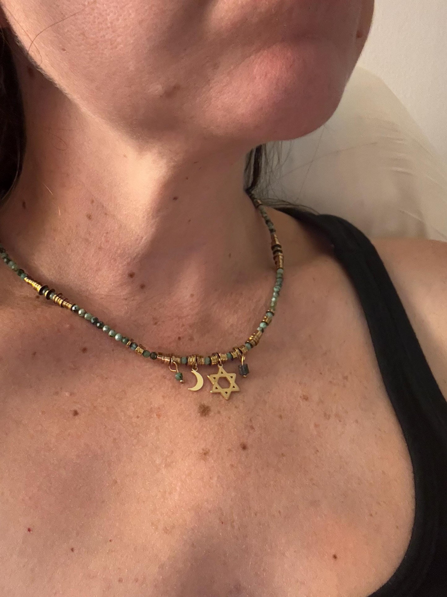 Beaded Celestial Star of David Necklace – Moon & Stars Judaica Jewelry, Dainty Jewish Necklace, Faith Meets Cosmos, Elegant Jewish Gift