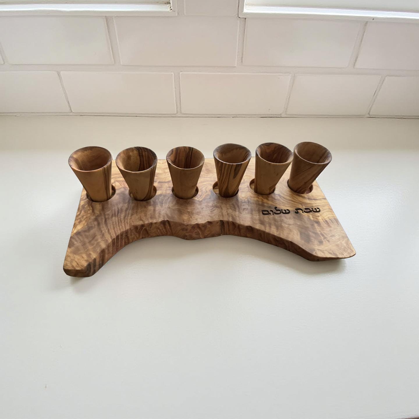 Olive Wood Shabbat Kiddush Cup Set Shabbat Shalom Hebrew Engraved Wooden Wine Cup Holder Judaica Wedding or Shabbat Gift Handmade Israel