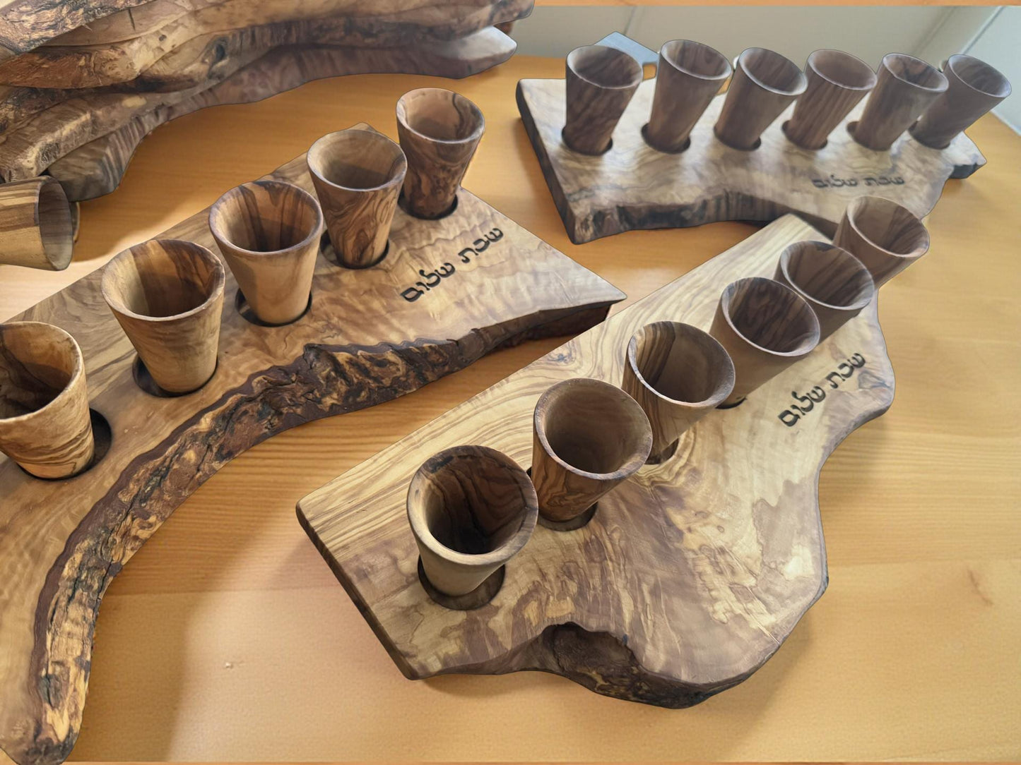 Olive Wood Shabbat Kiddush Cup Set Shabbat Shalom Hebrew Engraved Wooden Wine Cup Holder Judaica Wedding or Shabbat Gift Handmade Israel