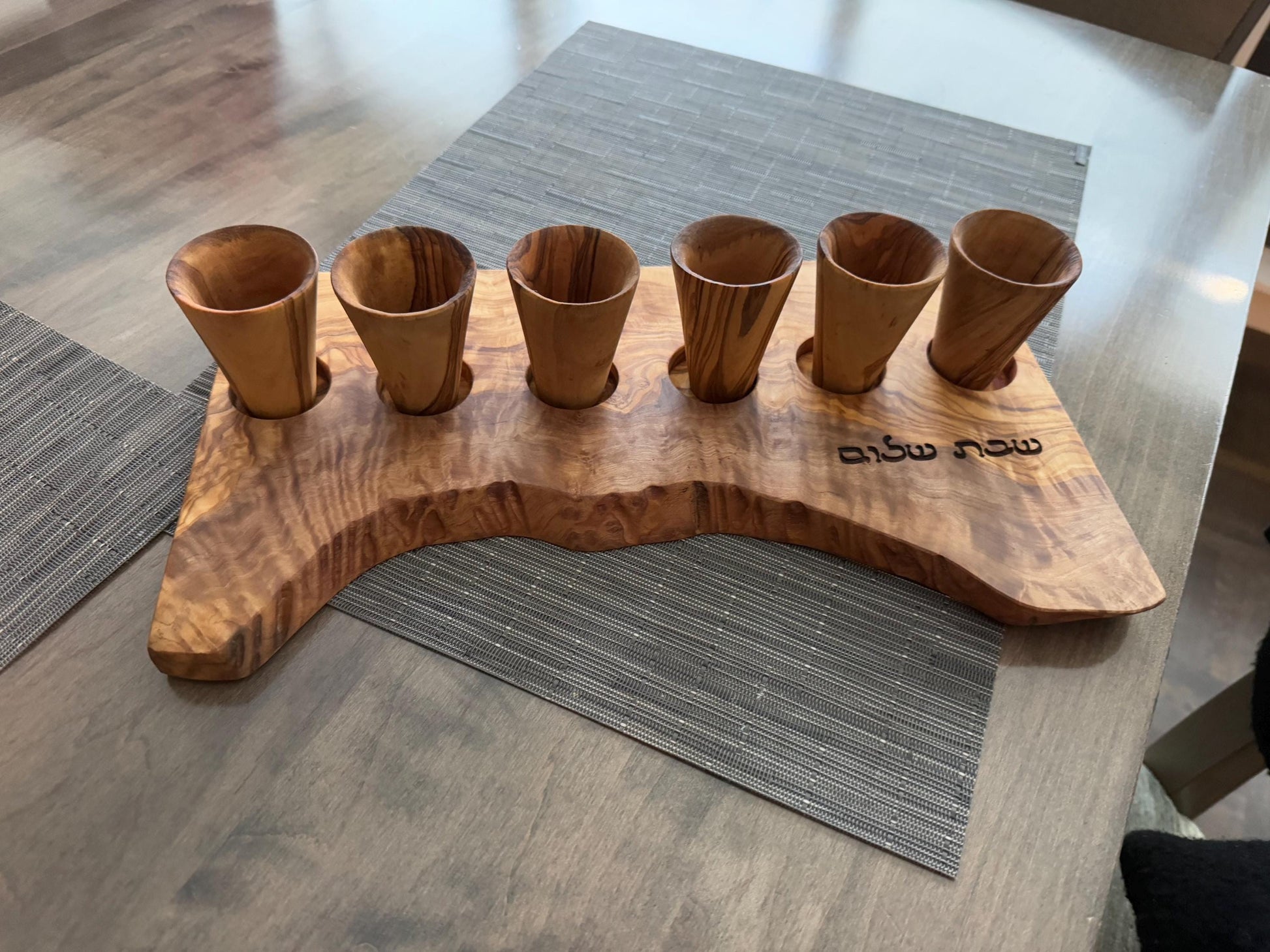 Olive Wood Shabbat Kiddush Cup Set Shabbat Shalom Hebrew Engraved Wooden Wine Cup Holder Judaica Wedding or Shabbat Gift Handmade Israel