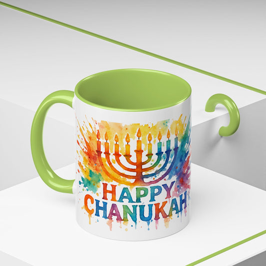 Chanukah Accent Coffee Mug (11, 15oz) - Hanukkah Menorah Cup, Jewish Festival Tea Mug, Hanukkah Celebration Drinkware, Festival of Lights