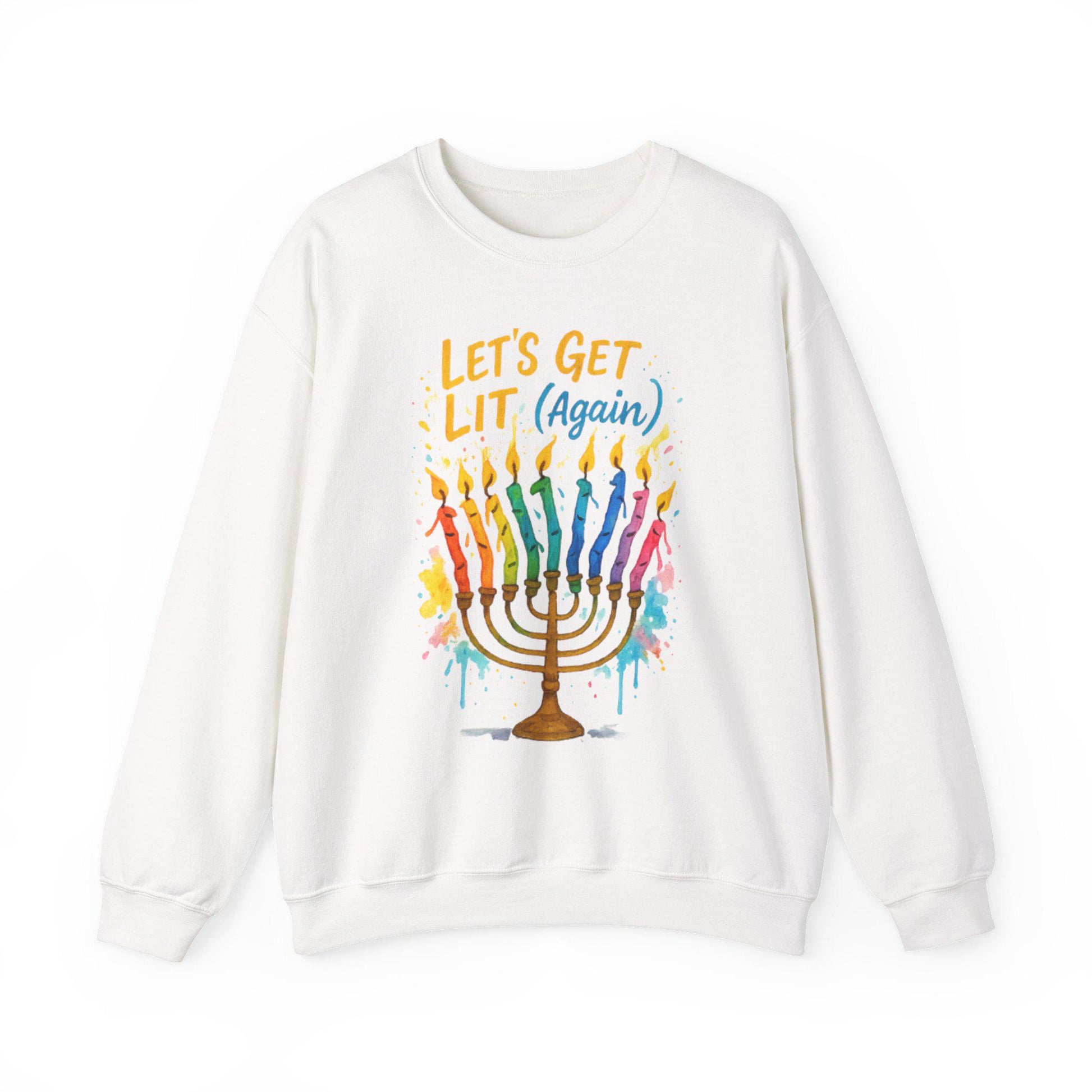Lets Get Lit Again Chanukah Sweatshirt Funny Jewish Holiday Sweater Watercolor Menorah Hanukkah Gift Judaica Humor Shirt