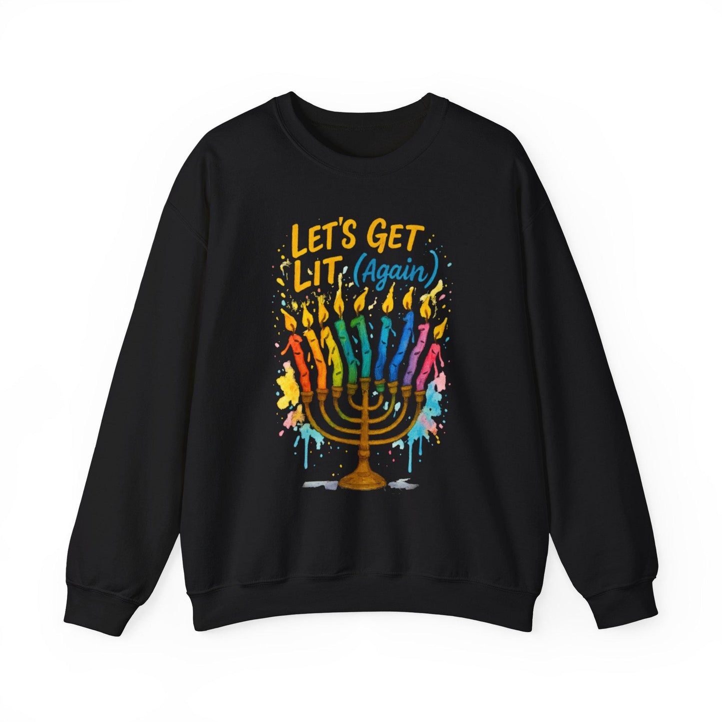 Lets Get Lit Again Chanukah Sweatshirt Funny Jewish Holiday Sweater Watercolor Menorah Hanukkah Gift Judaica Humor Shirt