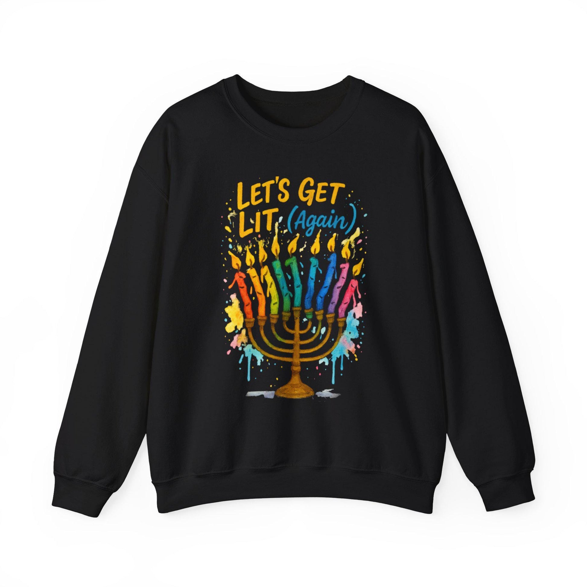 Lets Get Lit Again Chanukah Sweatshirt Funny Jewish Holiday Sweater Watercolor Menorah Hanukkah Gift Judaica Humor Shirt