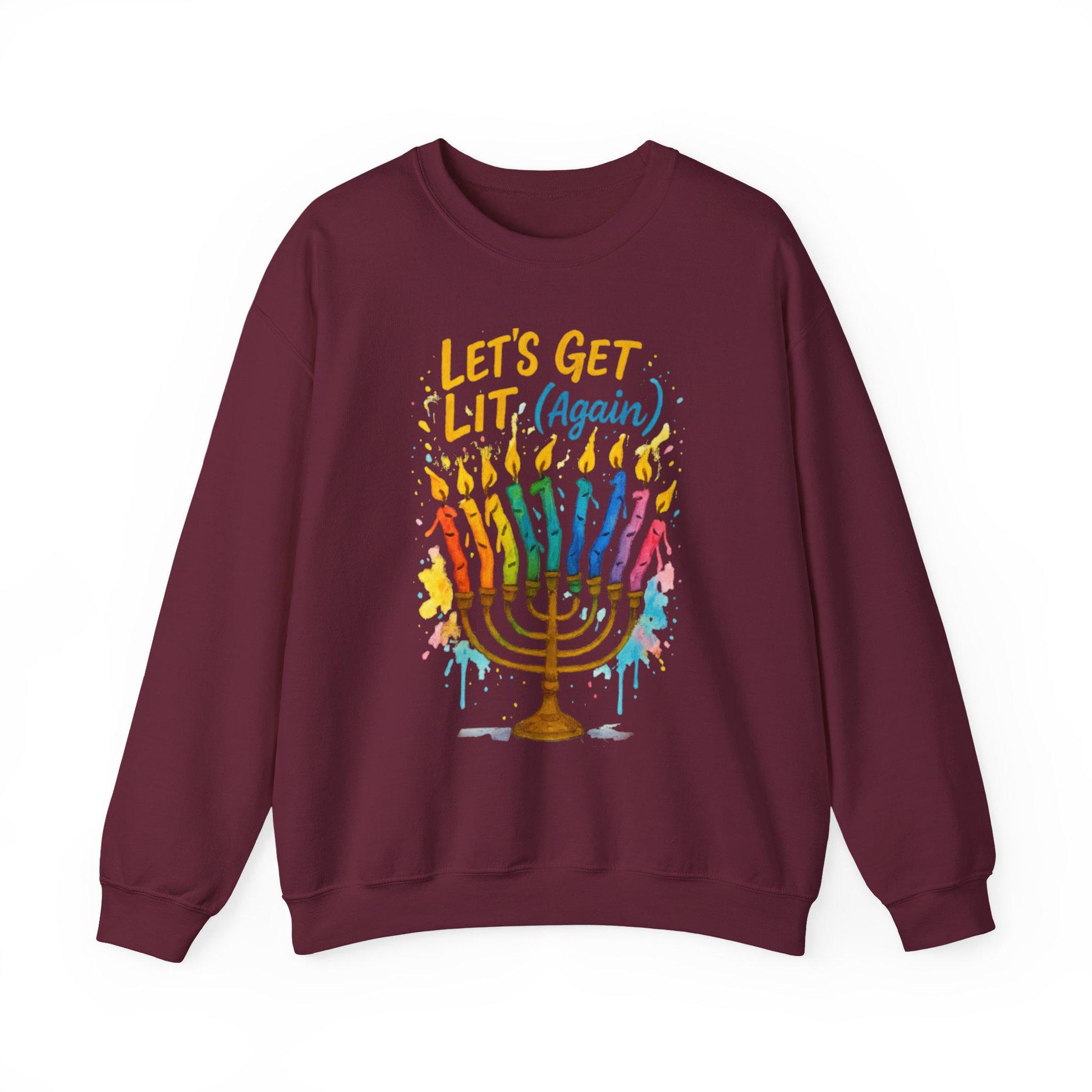 Lets Get Lit Again Chanukah Sweatshirt Funny Jewish Holiday Sweater Watercolor Menorah Hanukkah Gift Judaica Humor Shirt
