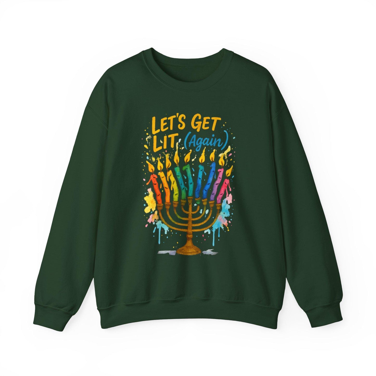 Lets Get Lit Again Chanukah Sweatshirt Funny Jewish Holiday Sweater Watercolor Menorah Hanukkah Gift Judaica Humor Shirt