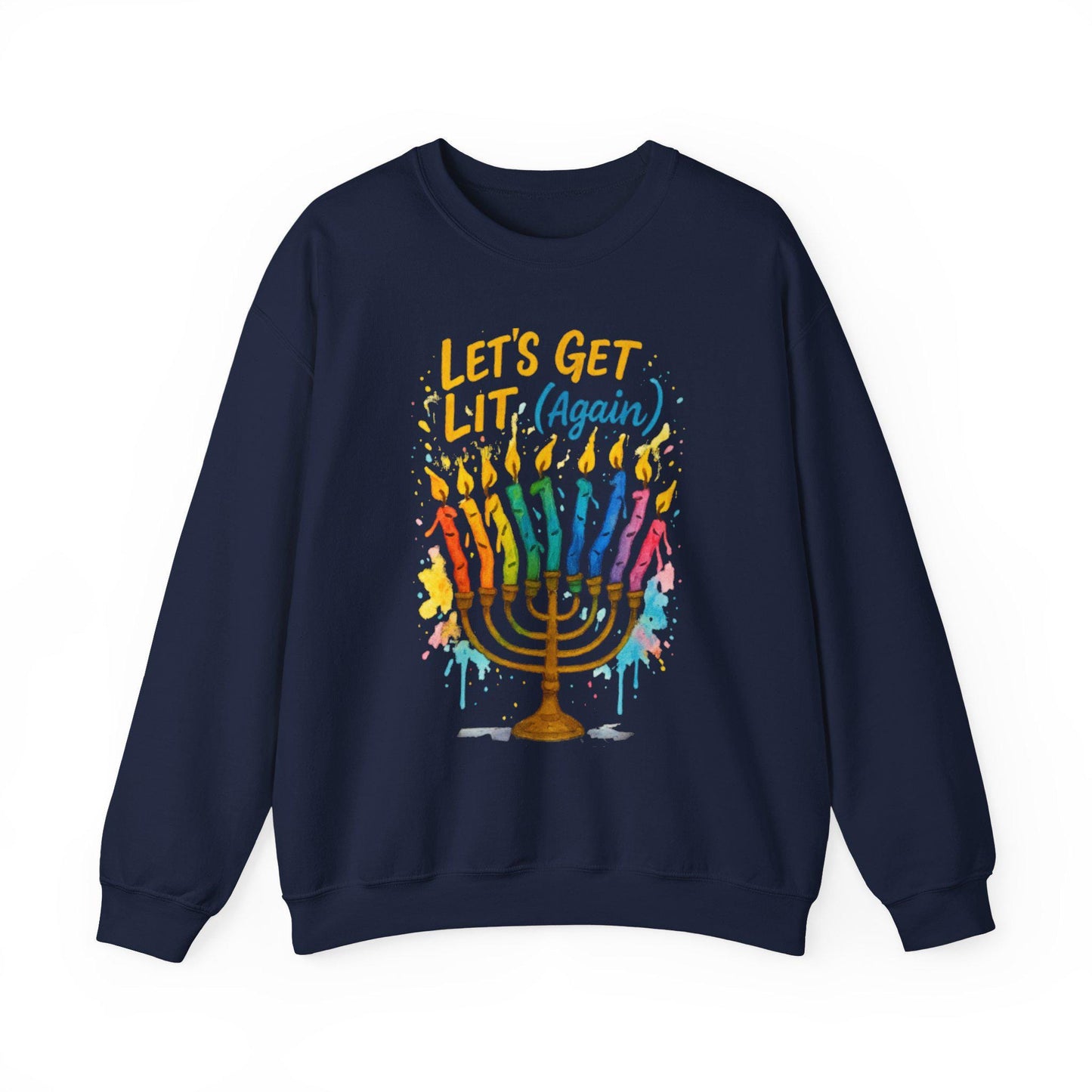 Lets Get Lit Again Chanukah Sweatshirt Funny Jewish Holiday Sweater Watercolor Menorah Hanukkah Gift Judaica Humor Shirt
