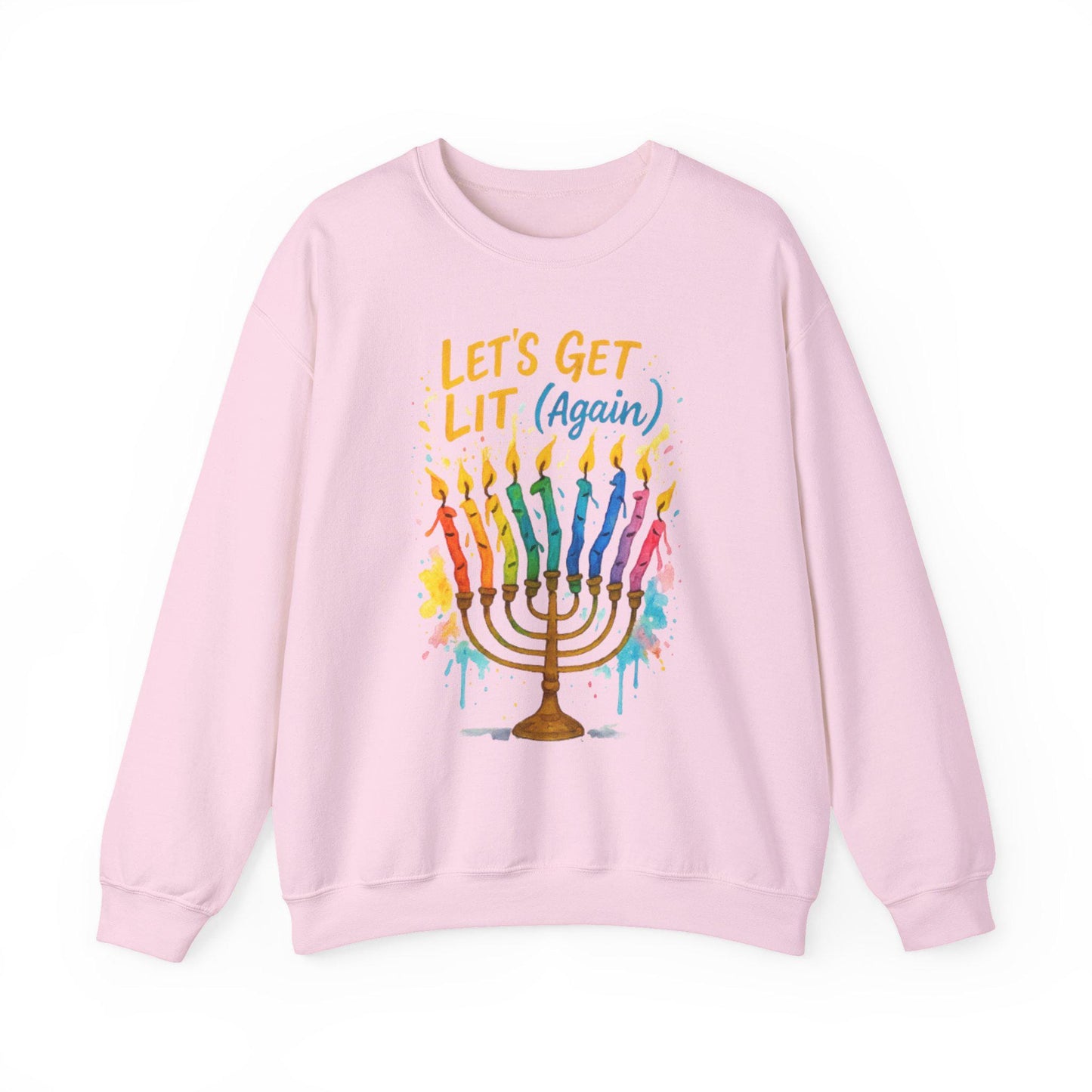 Lets Get Lit Again Chanukah Sweatshirt Funny Jewish Holiday Sweater Watercolor Menorah Hanukkah Gift Judaica Humor Shirt