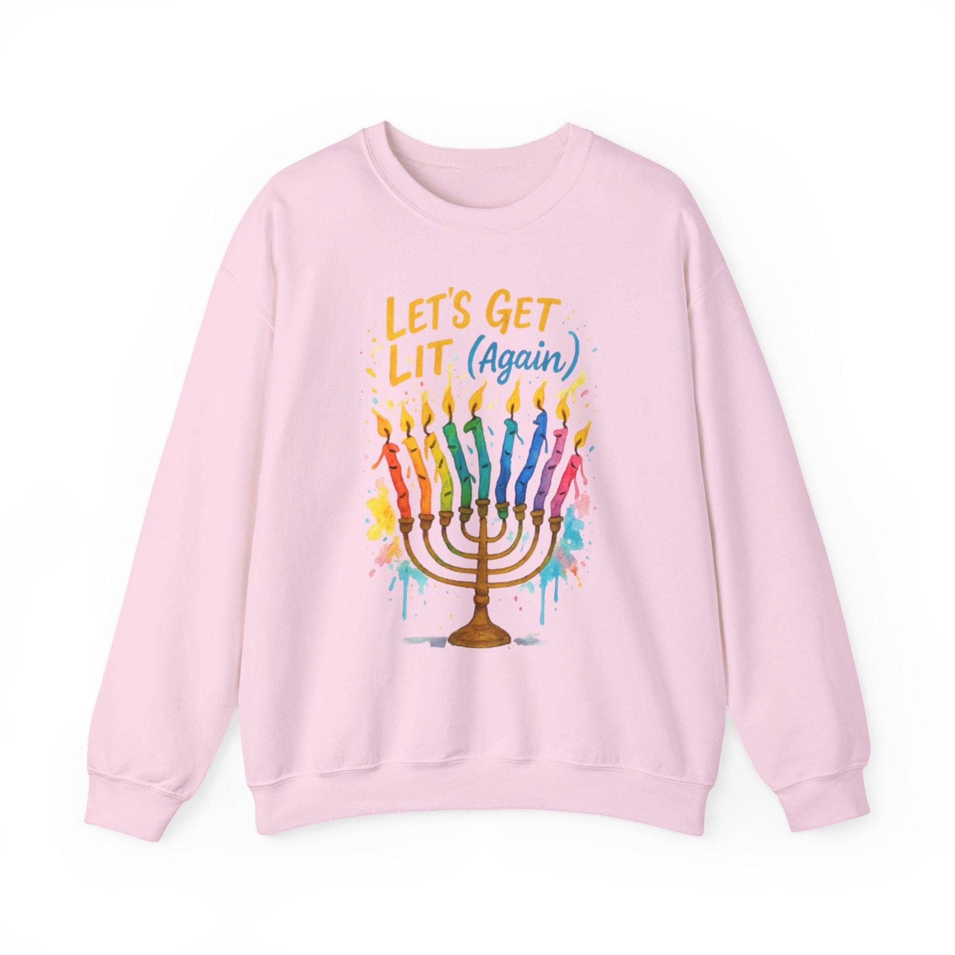 Lets Get Lit Again Chanukah Sweatshirt Funny Jewish Holiday Sweater Watercolor Menorah Hanukkah Gift Judaica Humor Shirt