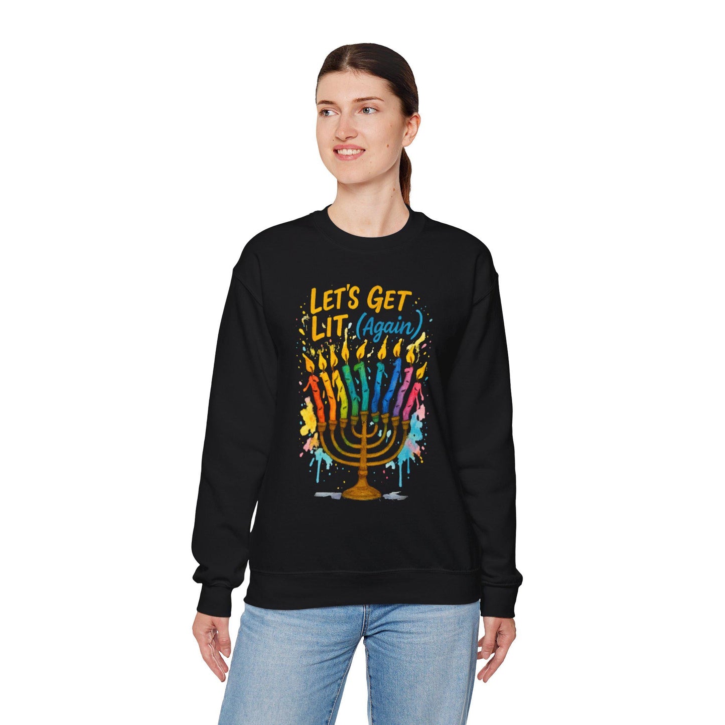 Lets Get Lit Again Chanukah Sweatshirt Funny Jewish Holiday Sweater Watercolor Menorah Hanukkah Gift Judaica Humor Shirt