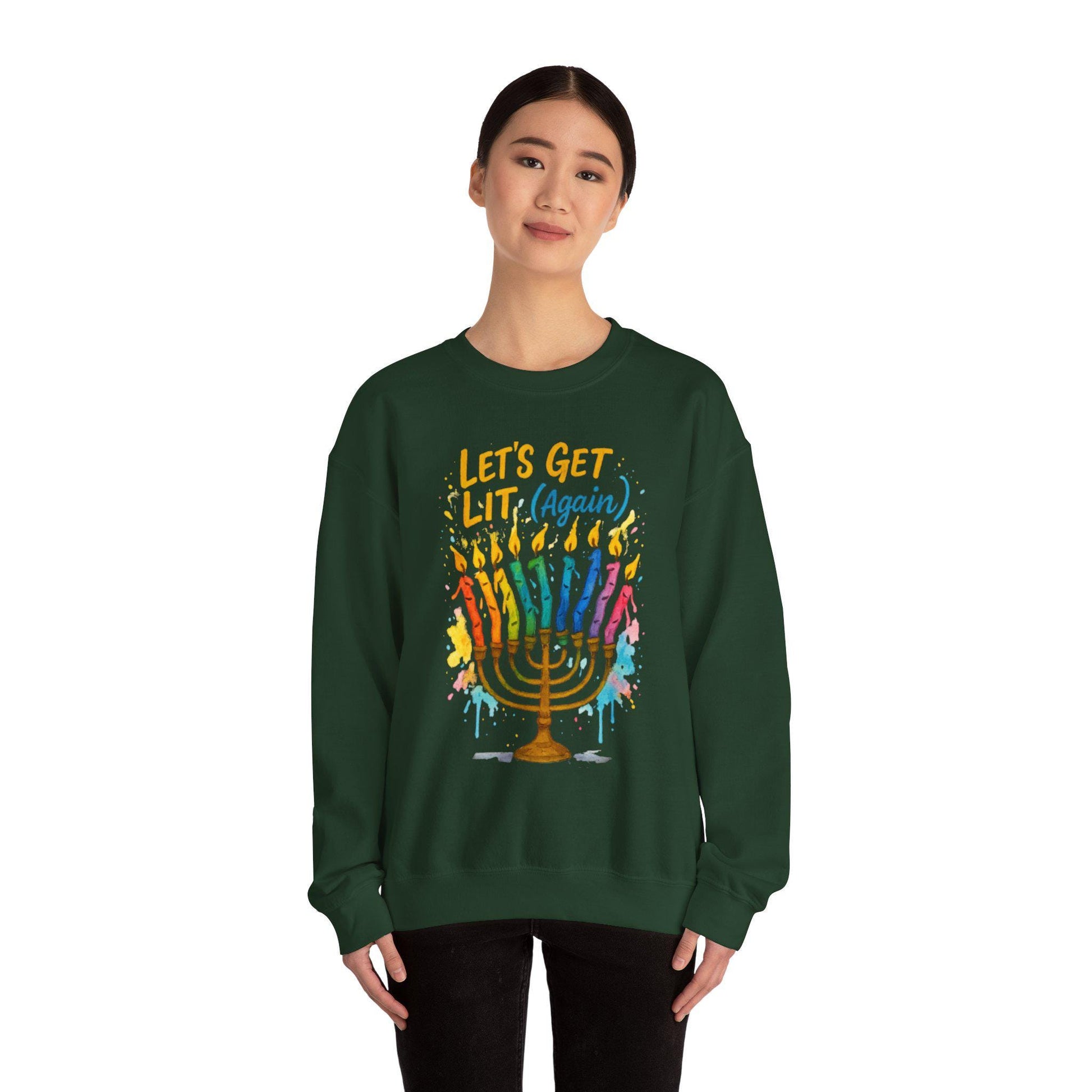 Lets Get Lit Again Chanukah Sweatshirt Funny Jewish Holiday Sweater Watercolor Menorah Hanukkah Gift Judaica Humor Shirt