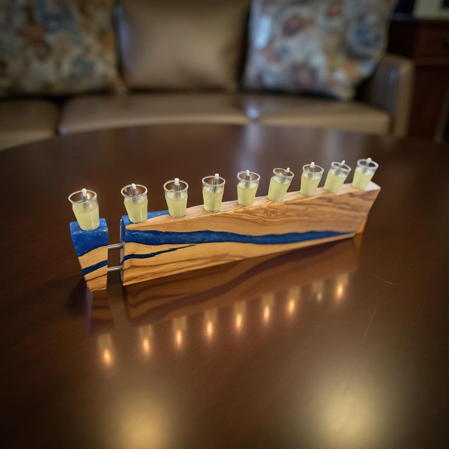 Olive Wood and Resin Chanukah Menorah | Handmade Hanukkah Judaica | Modern Jewish Home Gift