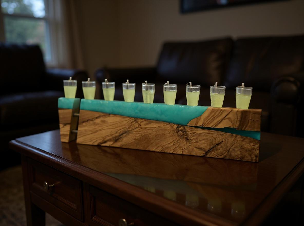 Olive Wood and Resin Chanukah Menorah | Handmade Hanukkah Judaica | Modern Jewish Home Gift