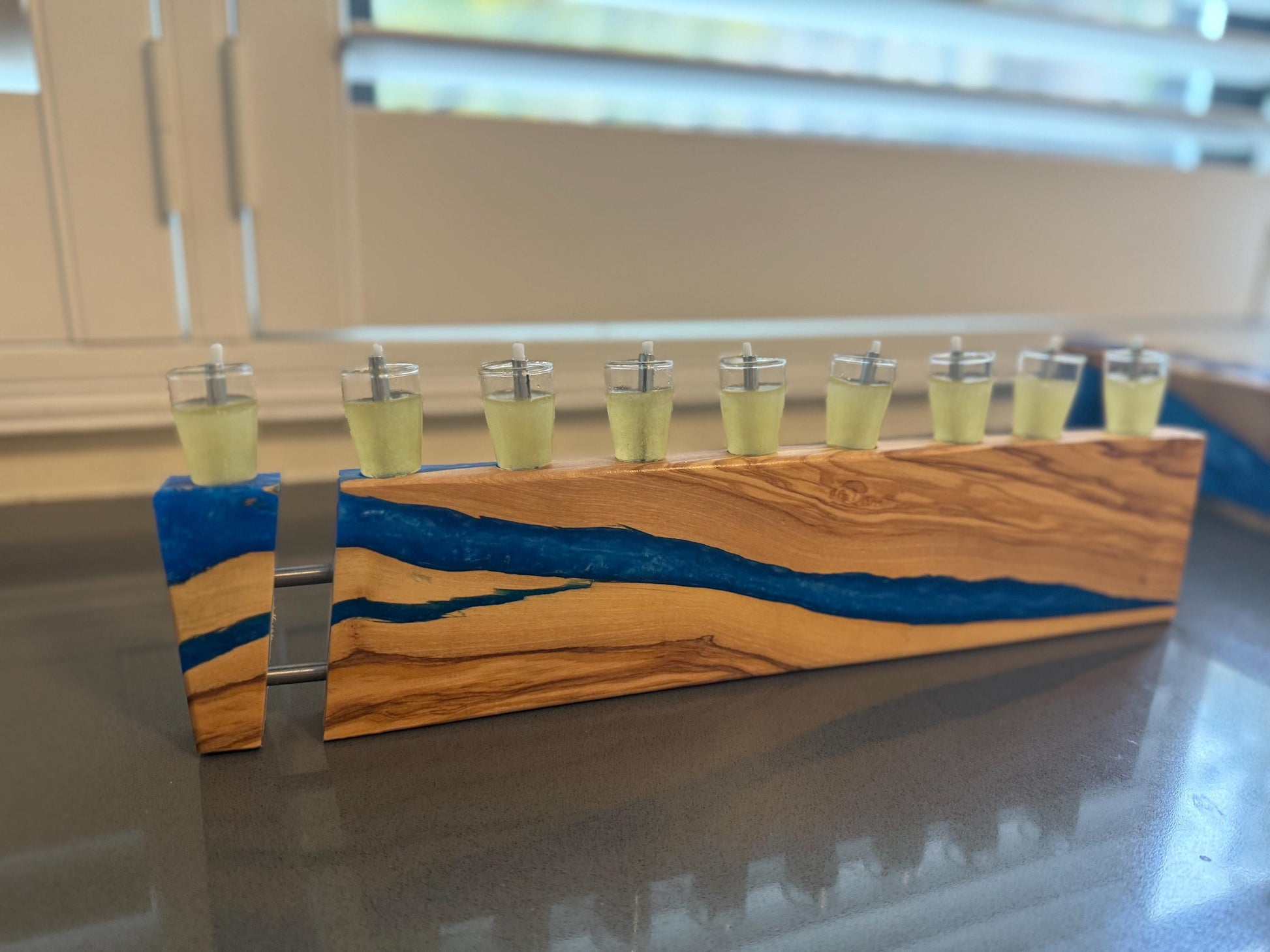 Olive Wood and Resin Chanukah Menorah | Handmade Hanukkah Judaica | Modern Jewish Home Gift