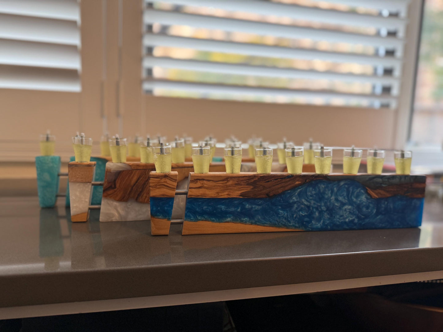 Olive Wood and Resin Chanukah Menorah | Handmade Hanukkah Judaica | Modern Jewish Home Gift