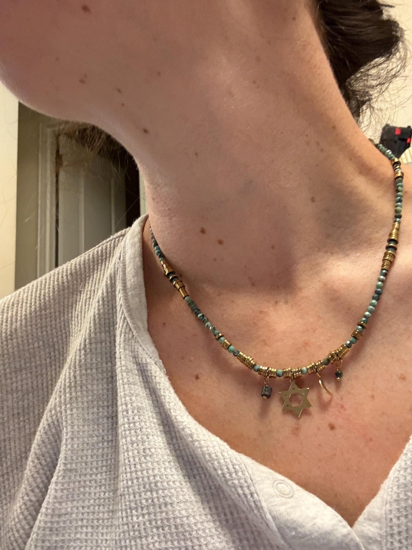 Beaded Celestial Star of David Necklace – Moon & Stars Judaica Jewelry, Dainty Jewish Necklace, Faith Meets Cosmos, Elegant Jewish Gift