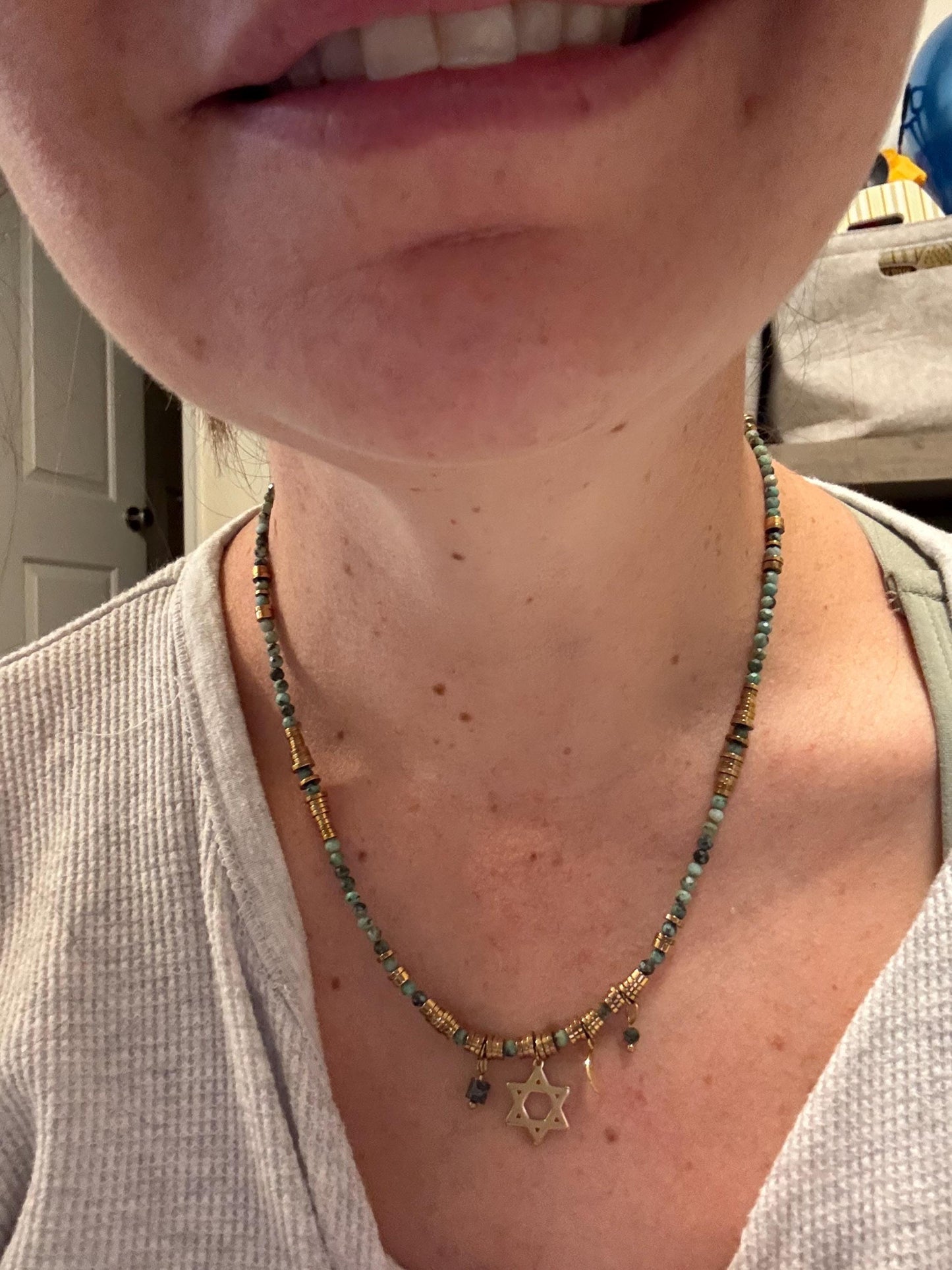 Beaded Celestial Star of David Necklace – Moon & Stars Judaica Jewelry, Dainty Jewish Necklace, Faith Meets Cosmos, Elegant Jewish Gift