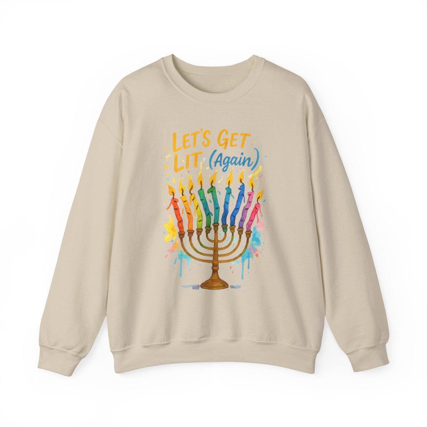 Lets Get Lit Again Chanukah Sweatshirt Funny Jewish Holiday Sweater Watercolor Menorah Hanukkah Gift Judaica Humor Shirt