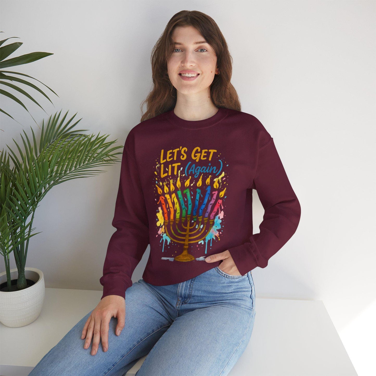 Lets Get Lit Again Chanukah Sweatshirt Funny Jewish Holiday Sweater Watercolor Menorah Hanukkah Gift Judaica Humor Shirt