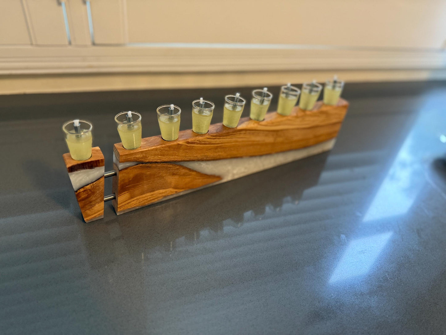 Olive Wood and Resin Chanukah Menorah | Handmade Hanukkah Judaica | Modern Jewish Home Gift