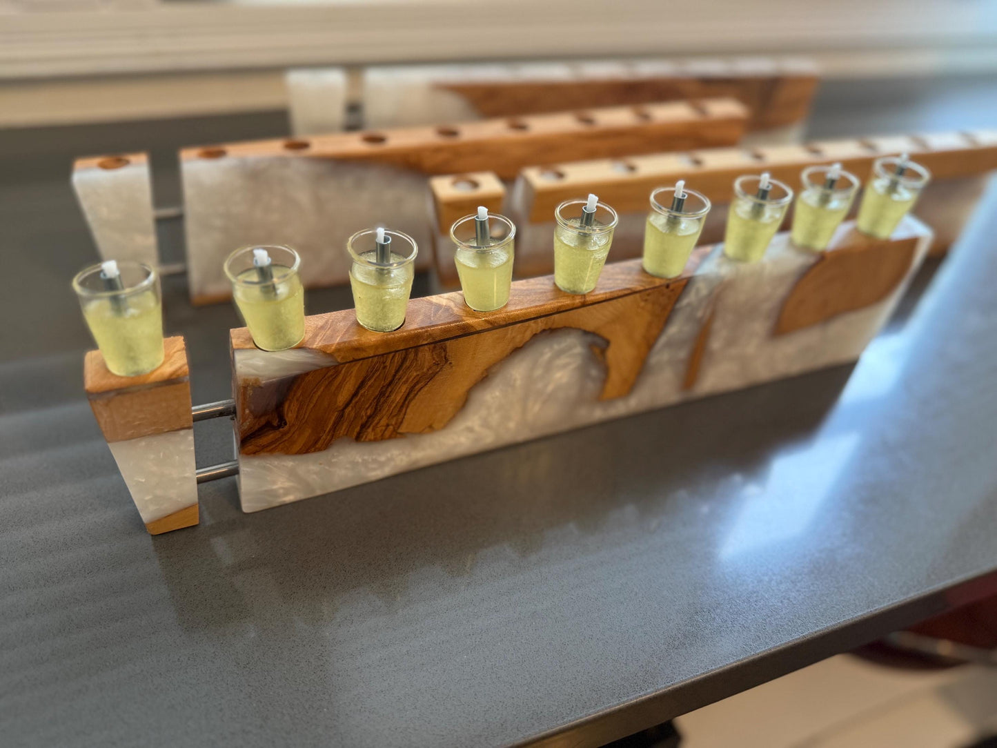 Olive Wood and Resin Chanukah Menorah | Handmade Hanukkah Judaica | Modern Jewish Home Gift
