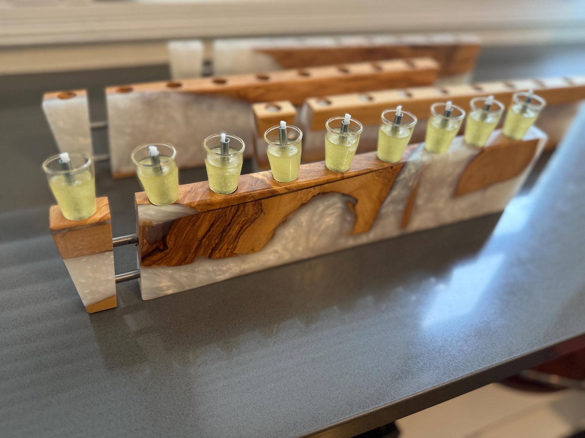 Olive Wood and Resin Chanukah Menorah | Handmade Hanukkah Judaica | Modern Jewish Home Gift