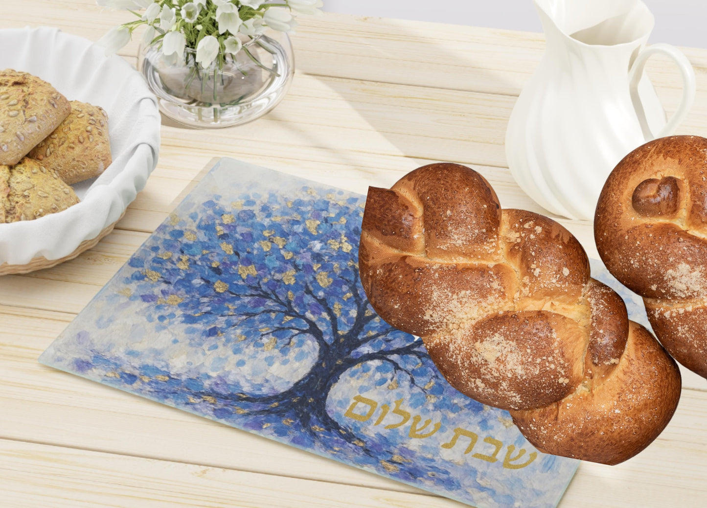 Shabbat Shalom Glass Challah Board – Tempered Glass Judaica Cutting Board, Modern Shabbos Gift, Jewish Home Decor, Jewish wedding