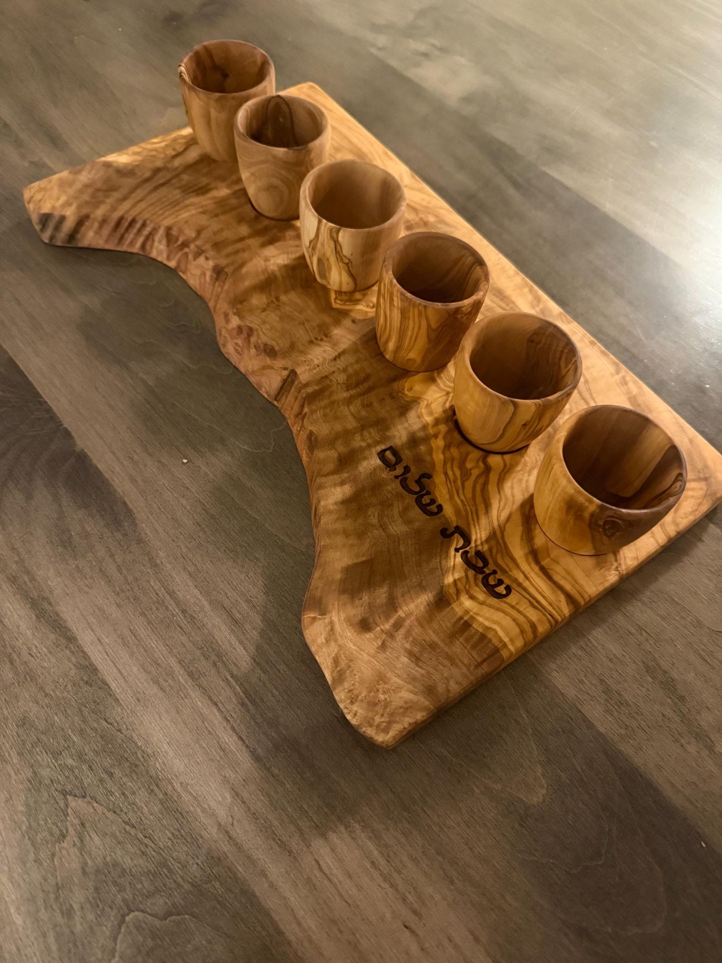 Handcrafted Olive Wood Kiddush Cup Set – Engraved Shabbat Shalom