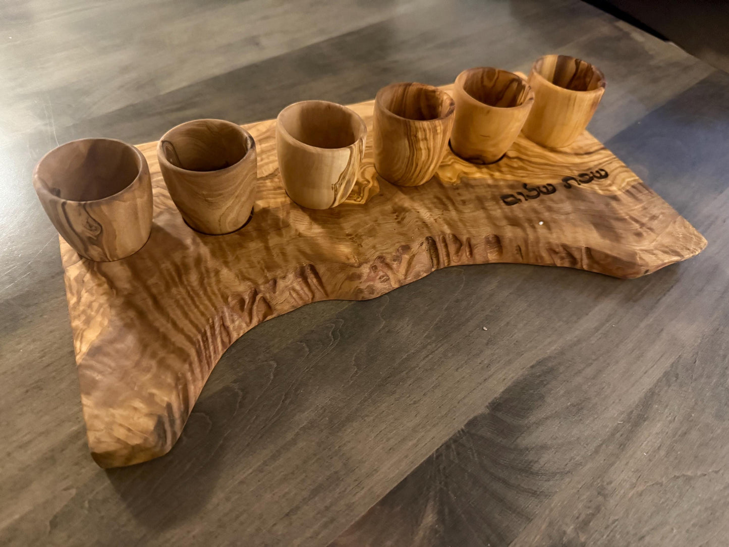 Handcrafted Olive Wood Kiddush Cup Set – Engraved Shabbat Shalom