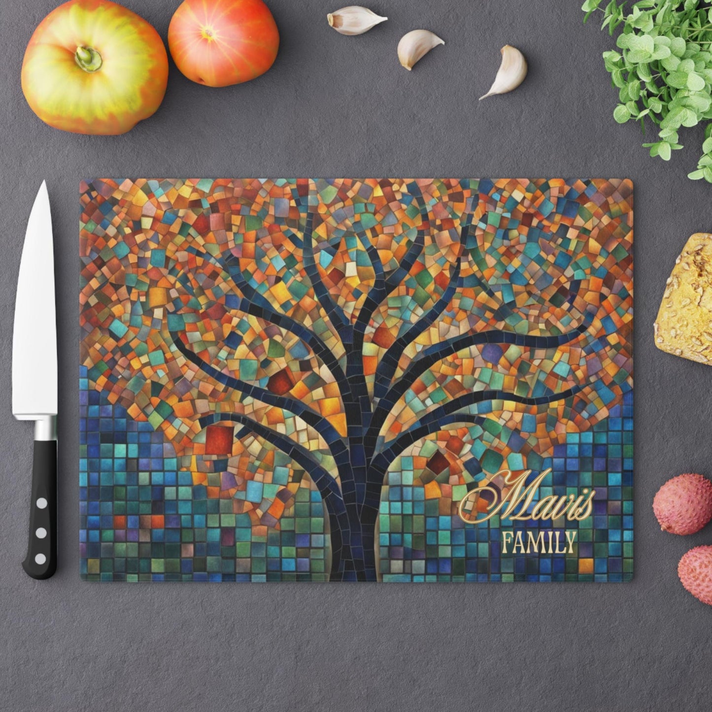 Personalized Glass Cutting Board – Custom Name Board, Wood/Resin Look Print on Tempered Glass | Wedding, Anniversary & Housewarming Gift