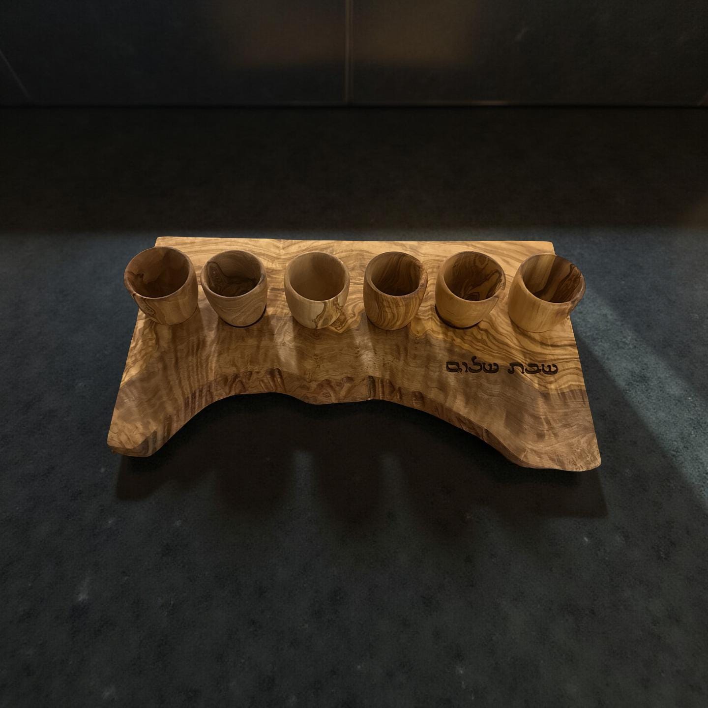 Handcrafted Olive Wood Kiddush Cup Set – Engraved Shabbat Shalom