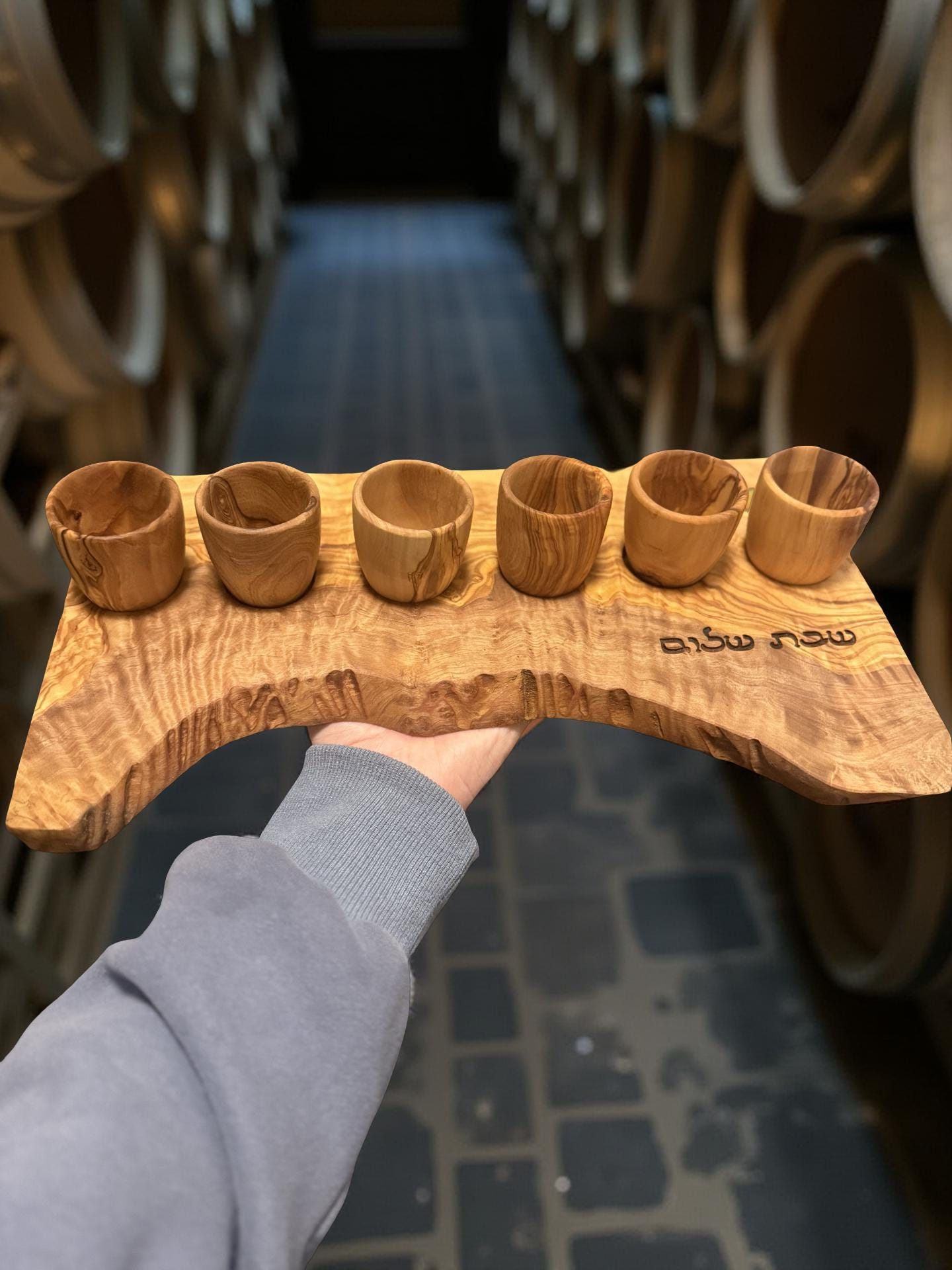 Handcrafted Olive Wood Kiddush Cup Set – Engraved Shabbat Shalom