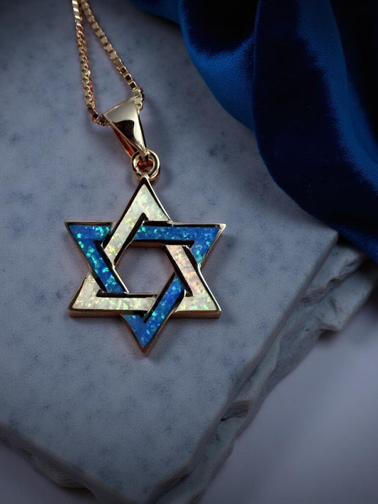 Blue andwhite Opal Star of David Necklace – Sterling Silver Jewish Necklace – Bat Mitzvah Gift – Judaica Jewelry for Women – Israel Jewelry