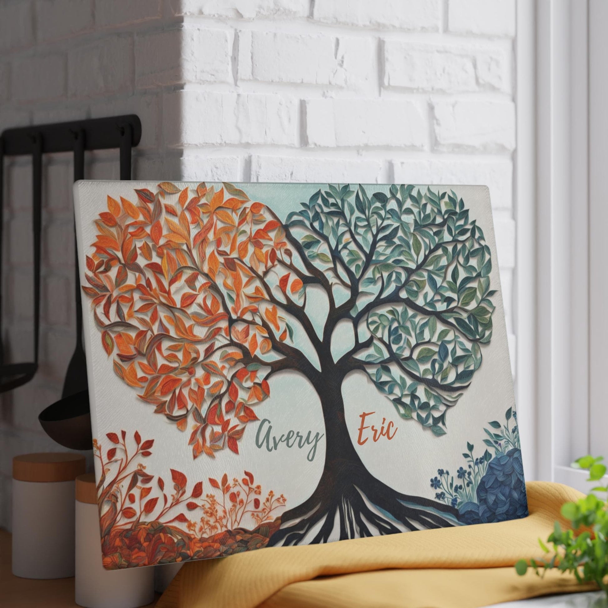 Personalized Tree of Life Glass Cutting Board – Custom Family Name Charcuterie Board – Wedding & Housewarming Gift