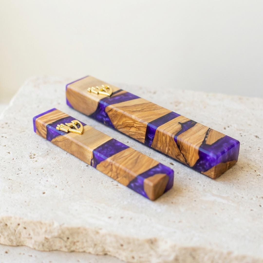 Puple olive wood and resin Mezuzah