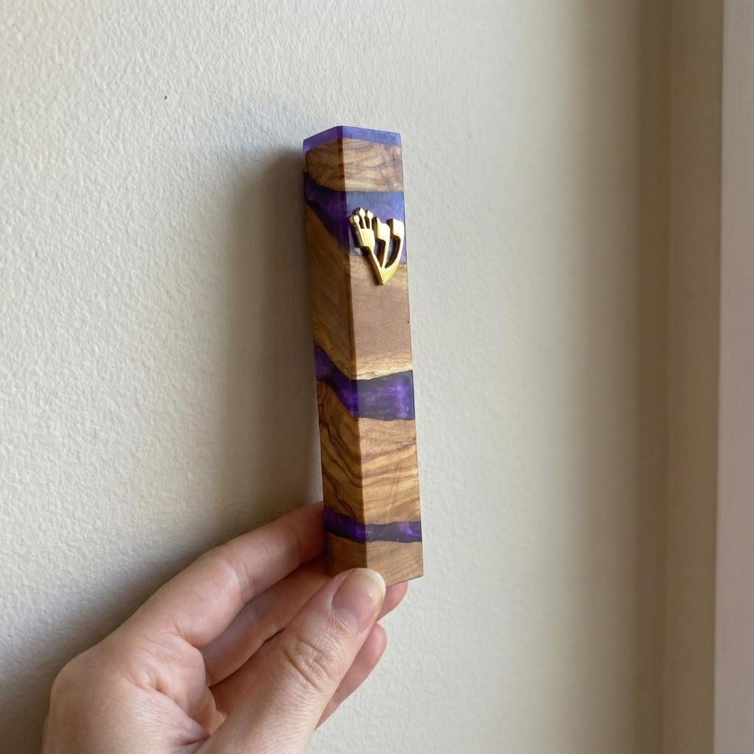 Puple olive wood and resin Mezuzah