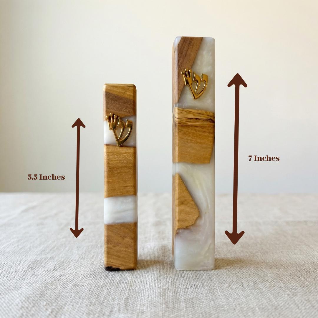 Blue and White Olive Wood Mezuzah Case | Modern Judaica Mezuzah | Handmade Jewish Home Decor | Resin Mezuzah for Front Door