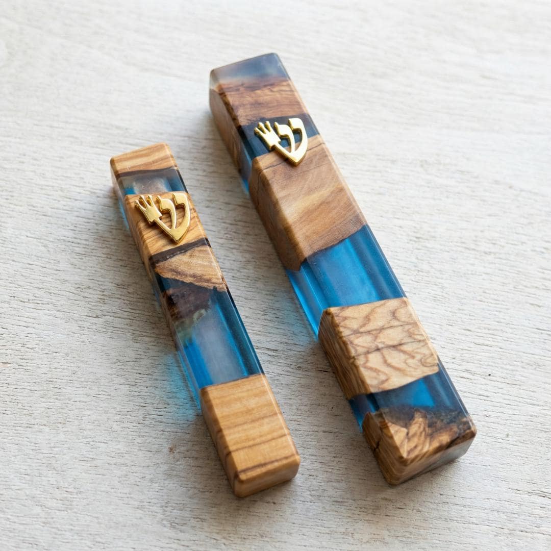 Handcrafted Olive Wood & White Resin Mezuzah – Modern Judaica