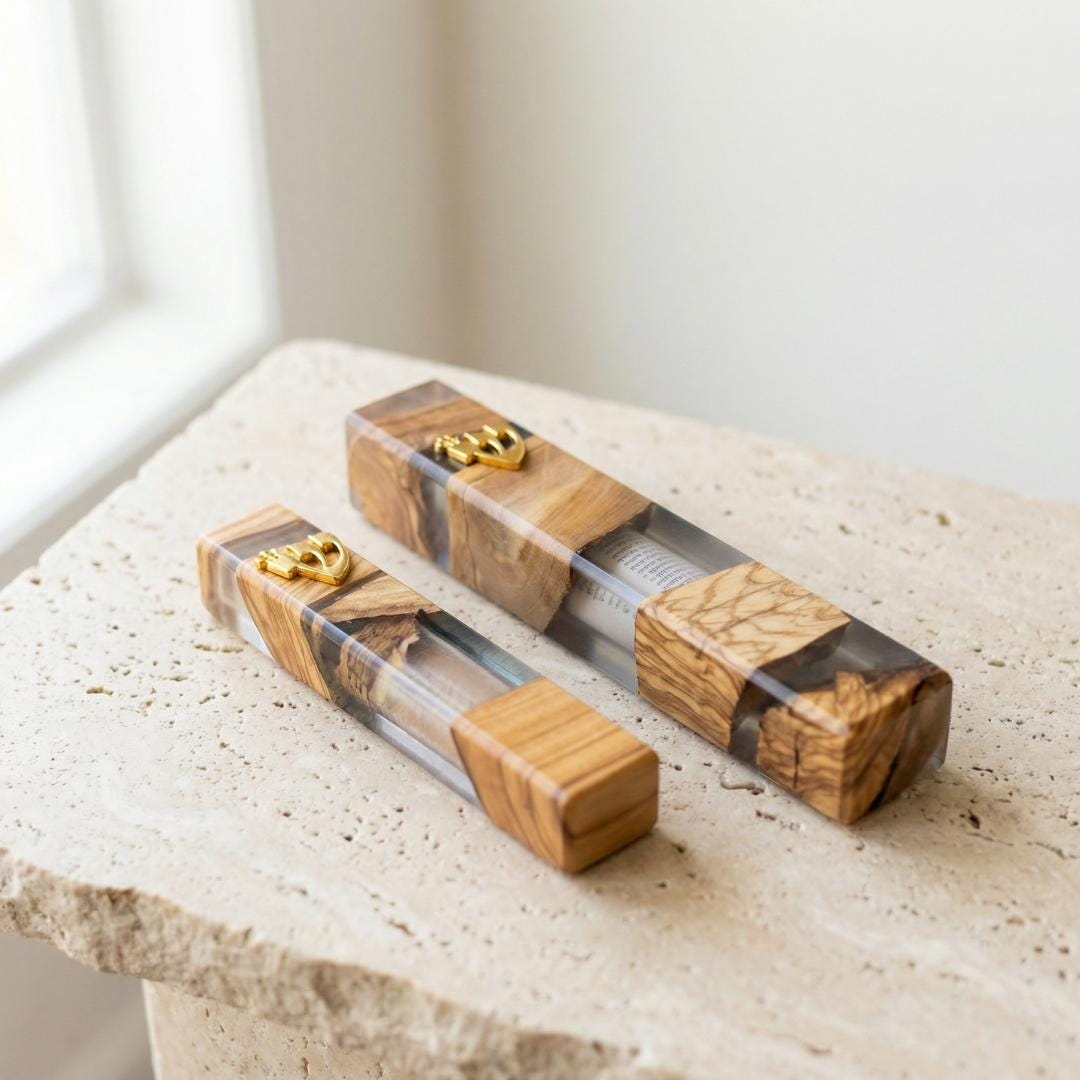 Handcrafted Olive Wood & White Resin Mezuzah – Modern Judaica