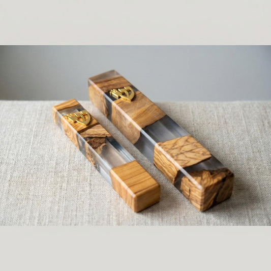 Handcrafted Olive Wood & White Resin Mezuzah – Modern Judaica