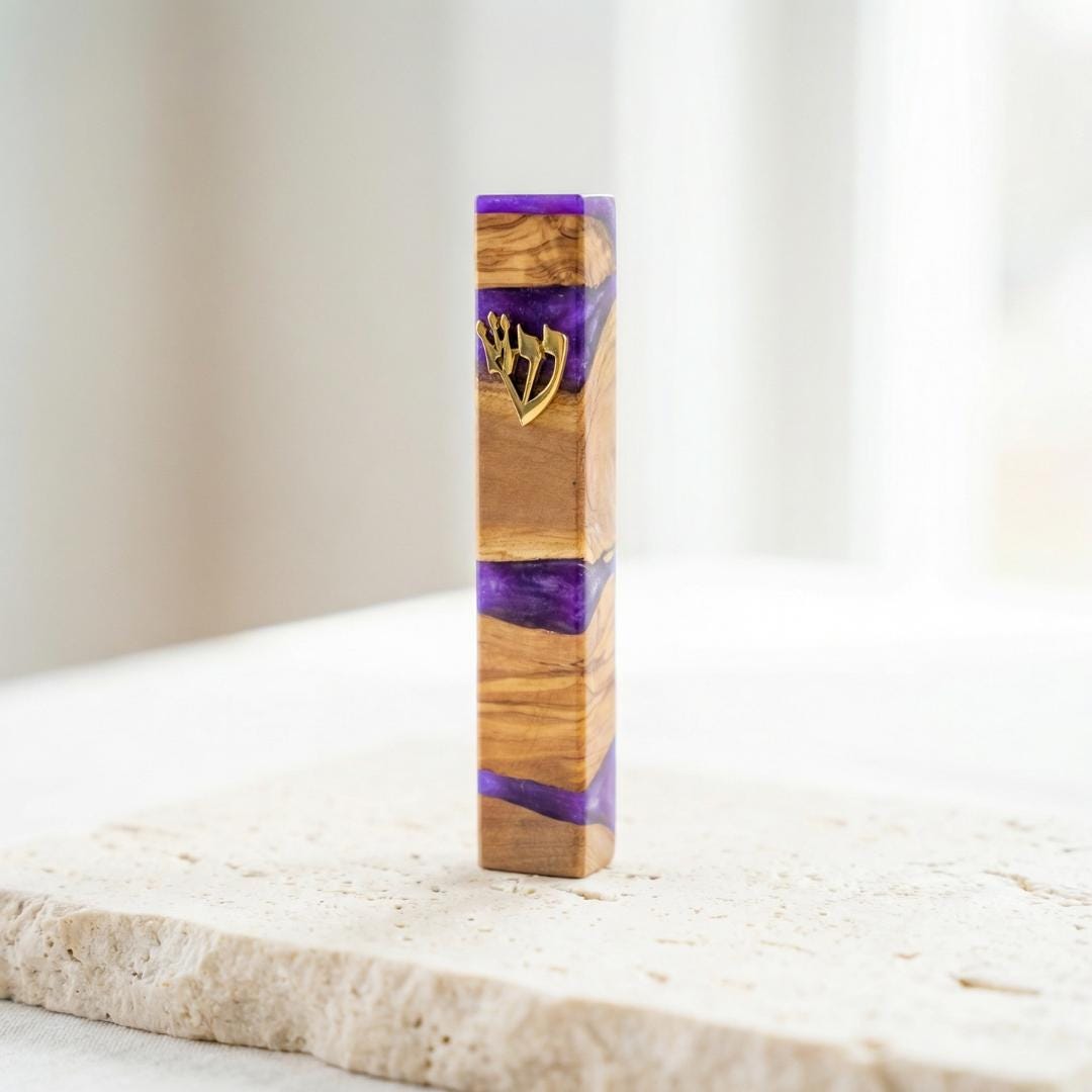 Handmade Olive Wood Mezuzah Modern Jewish Wedding Gift - 5.5" inch- Housewarming Blessing - No Nails Needed Adhesive Back