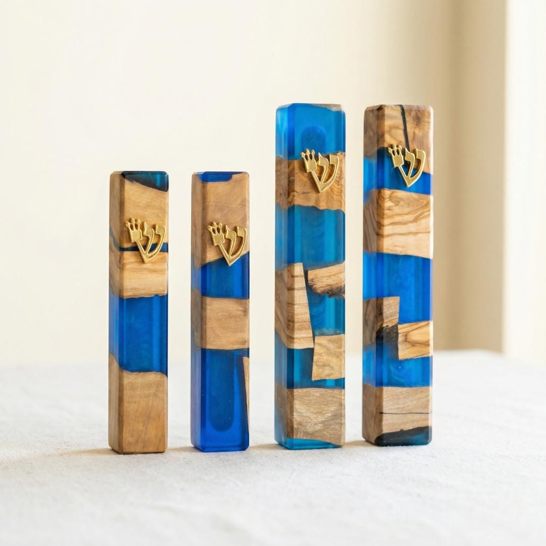 Handcrafted Olive Wood & Blue Resin Mezuzah – Modern Judaica