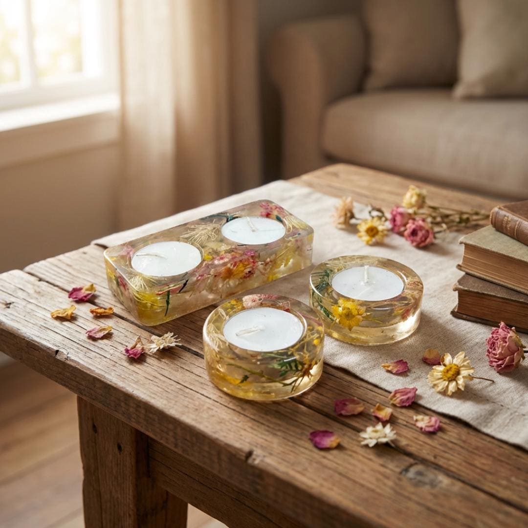Handmade Resin Tea Light Holders with Real Flowers, Shabbat Candle Holders, Judaica Gift