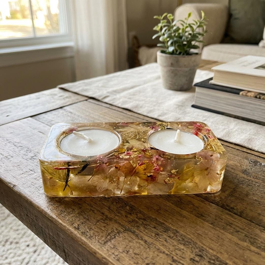 Handmade Resin Tea Light Holders with Real Flowers, Shabbat Candle Holders, Judaica Gift