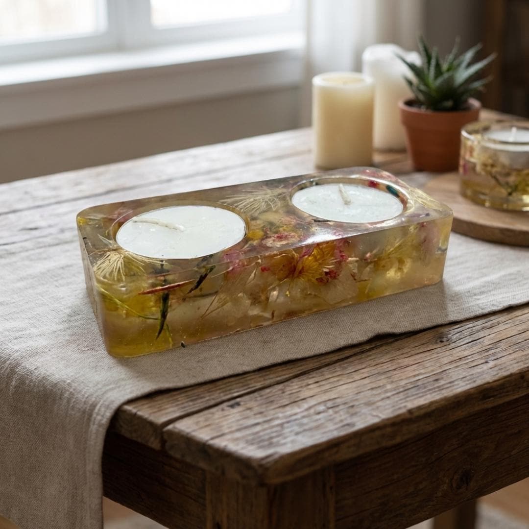 Handmade Resin Tea Light Holders with Real Flowers, Shabbat Candle Holders, Judaica Gift