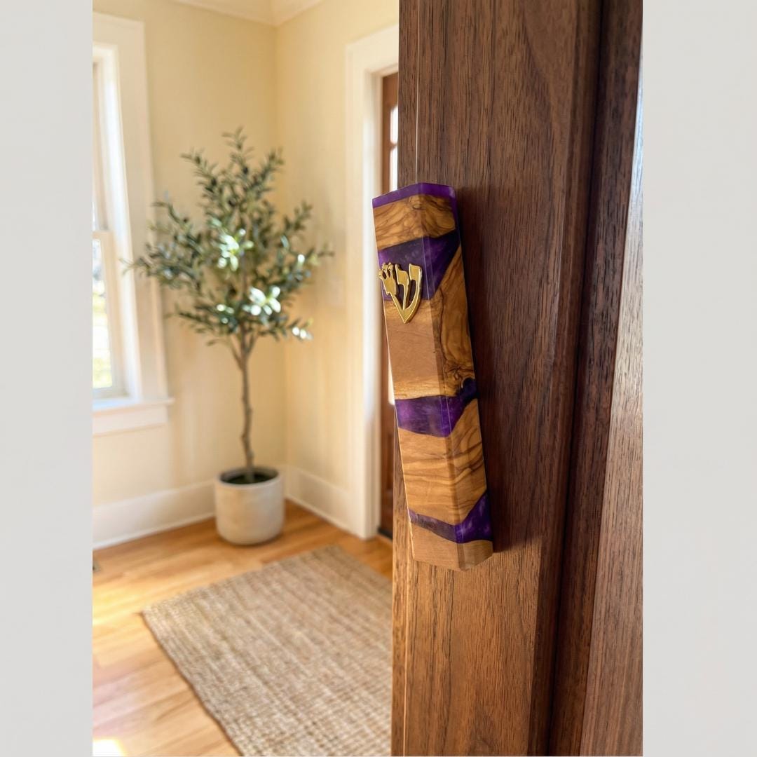 Puple olive wood and resin Mezuzah