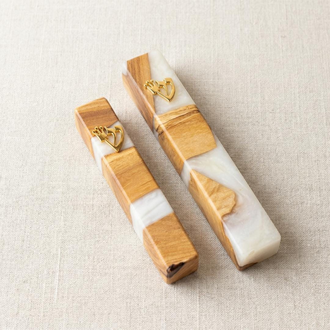 Handcrafted Olive Wood & White Resin Mezuzah – Modern Judaica