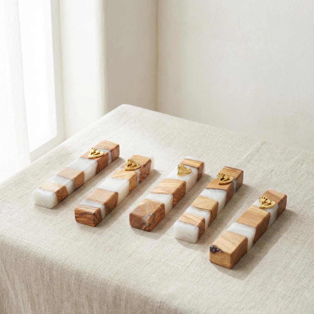 Handcrafted Olive Wood & White Resin Mezuzah – Modern Judaica